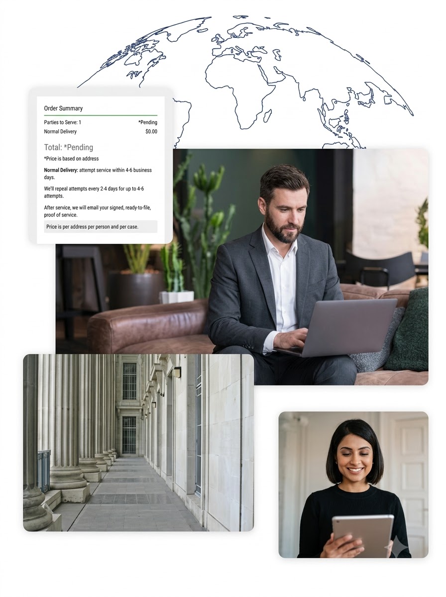 International service of process — laptop order summary, courthouse, and clients we serve